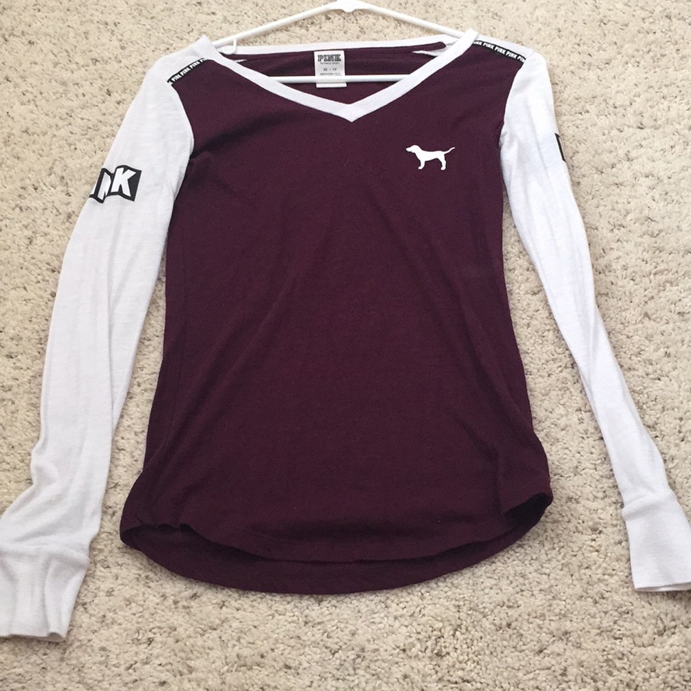 Pink long sleeve shirt in maroon and white